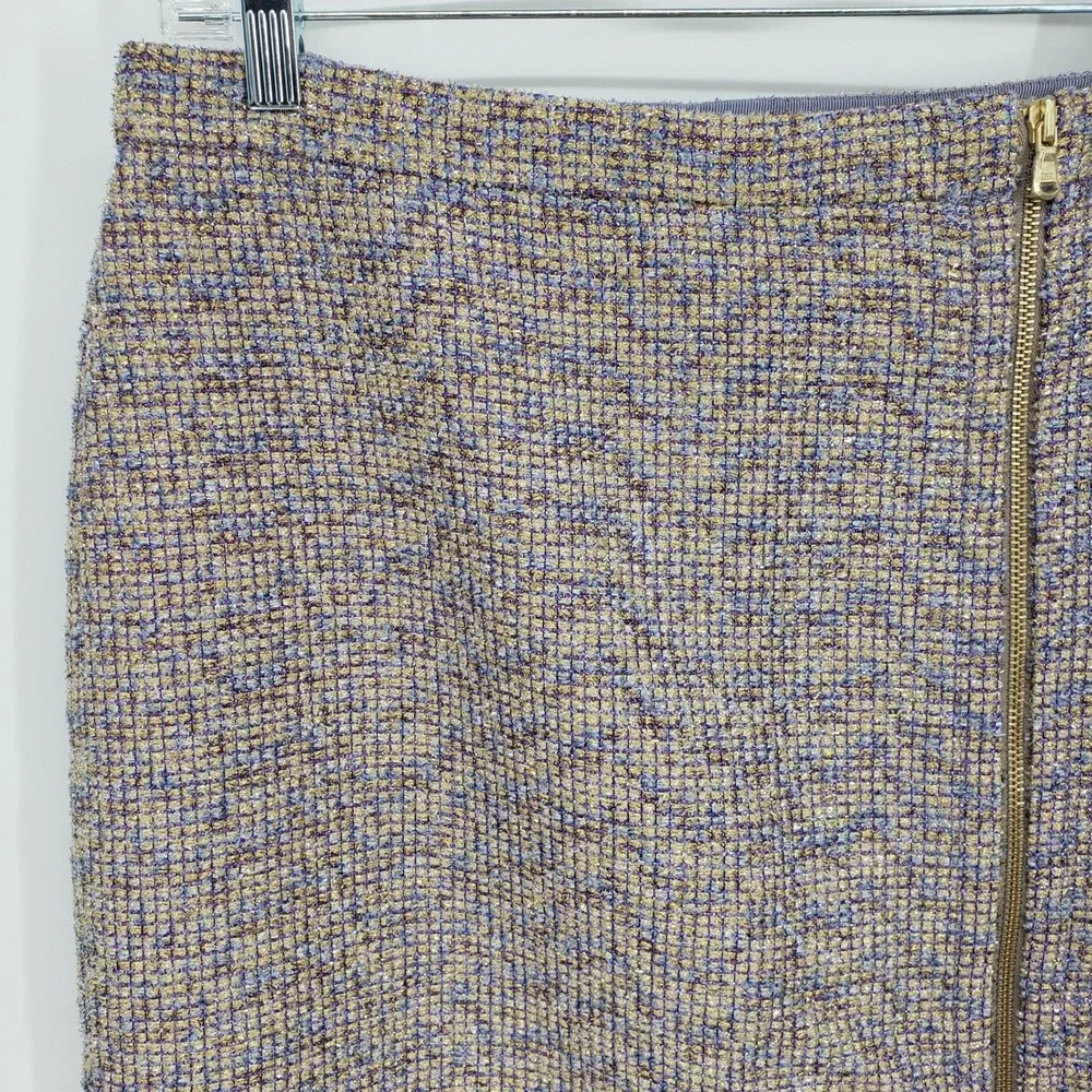 J Crew Metallic Tweed Asymmetric Zip Pencil Skirt Womens 8 Purple Gold NWT E1246